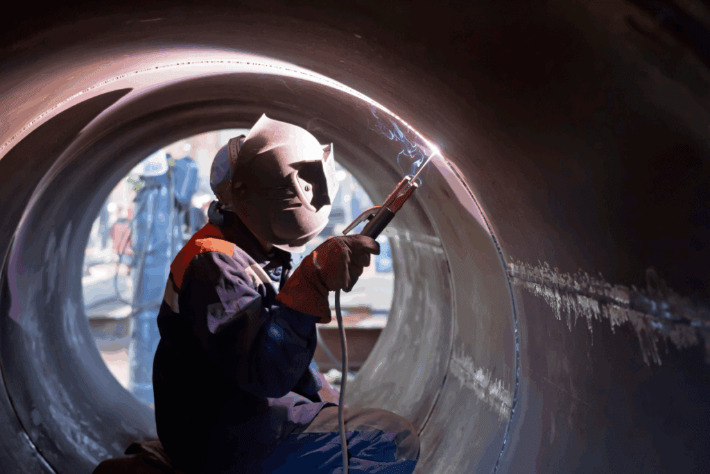 a person in a welding helmet is working on a pipe